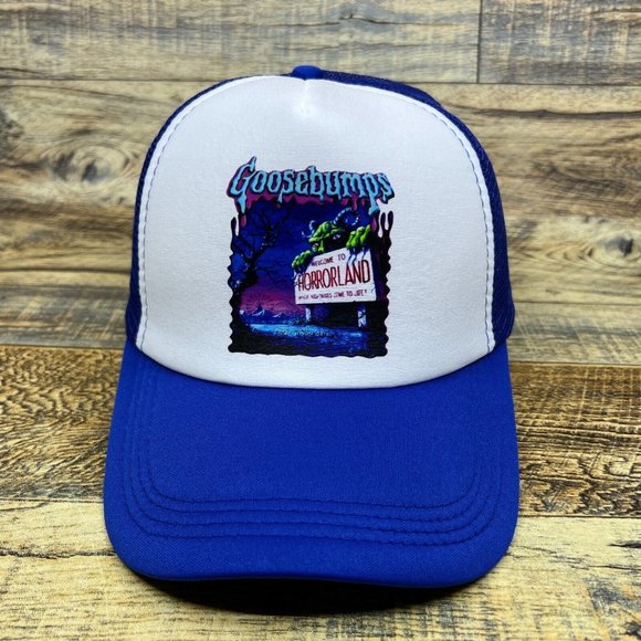 Goosebumps R.L. Stine Mens Trucker Hat Blue Snapback Horrorland 90s Baseball Cap - Picture 2 of 8